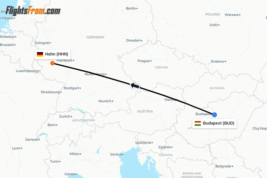 Flights from Budapest to Hahn route map