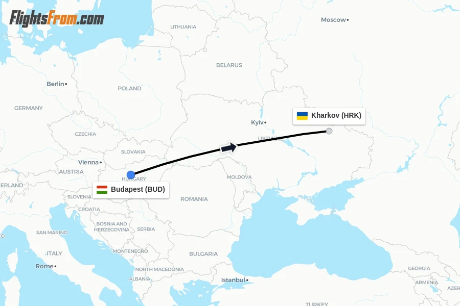 Flights from Budapest to Kharkov route map
