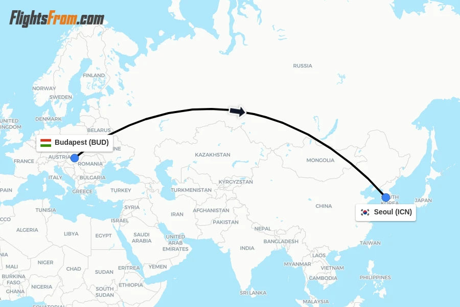 Flights from Budapest to Seoul route map