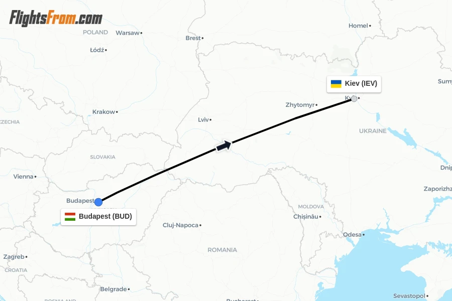 Flights from Budapest to Kiev route map