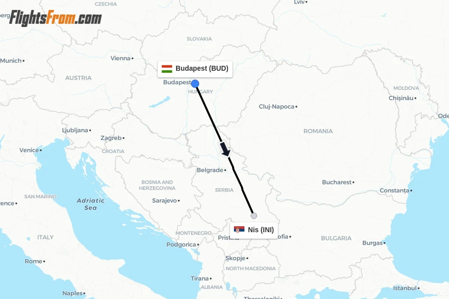 Flights from Budapest to Nis route map
