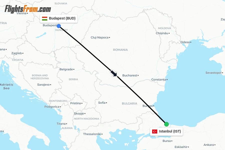 Flights from Budapest to Istanbul route map
