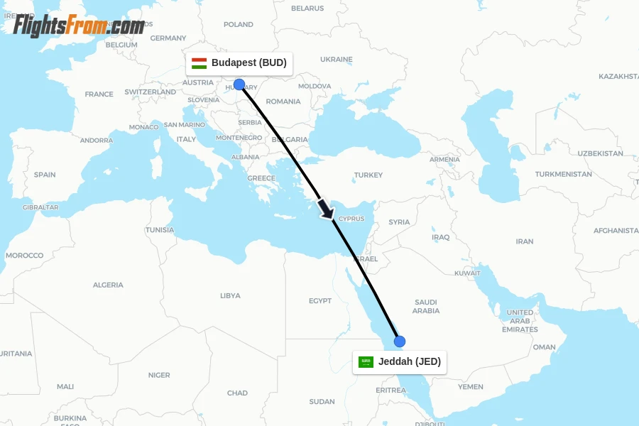 Flights from Budapest to Jeddah route map