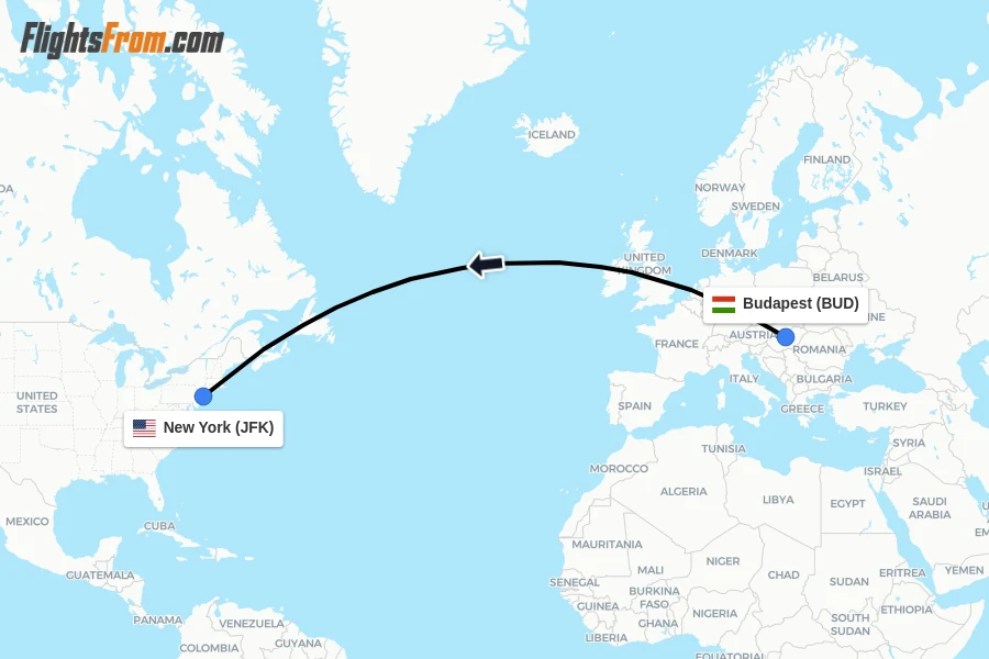 Flights from Budapest to New York route map