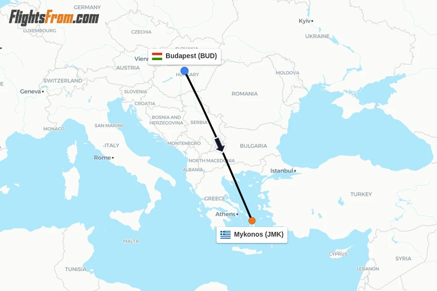 Flights from Budapest to Mykonos route map
