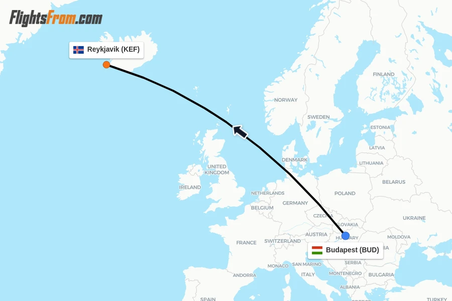 Flights from Budapest to Reykjavik route map
