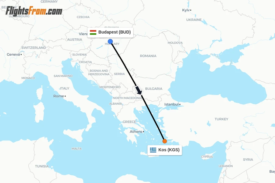 Flights from Budapest to Kos route map