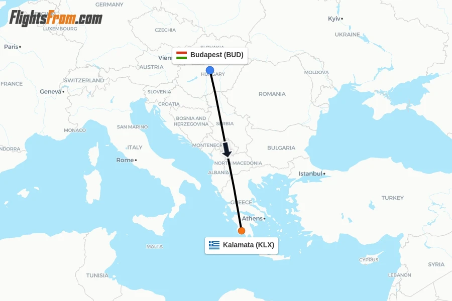Flights from Budapest to Kalamata route map