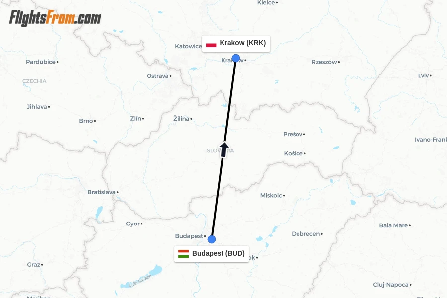 Flights from Budapest to Krakow route map