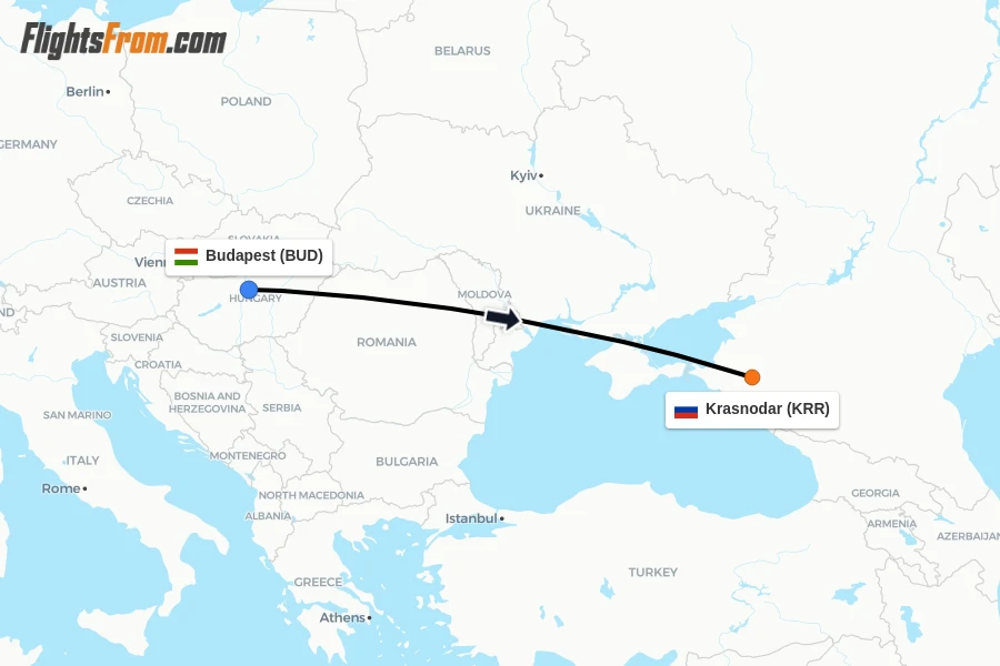 Flights from Budapest to Krasnodar route map