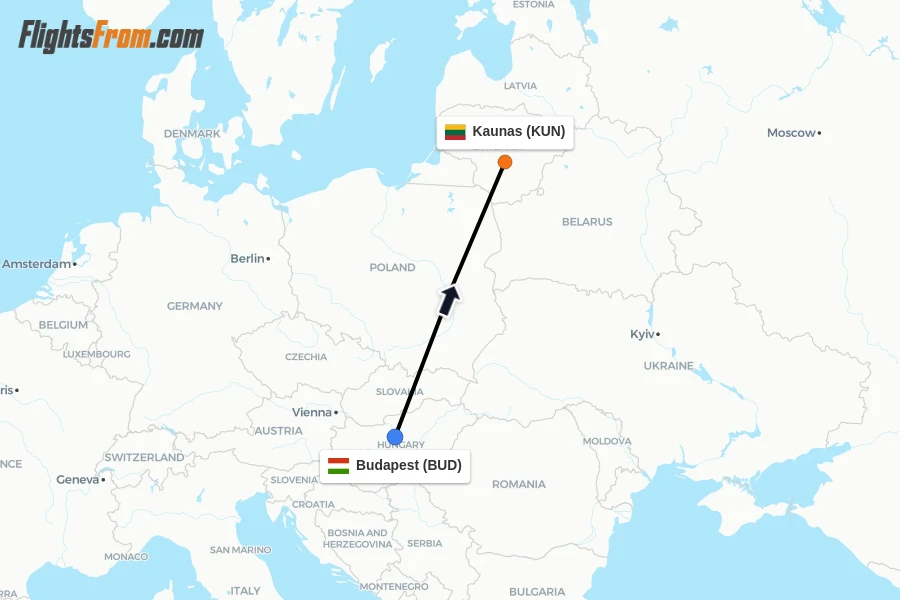 Flights from Budapest to Kaunas route map