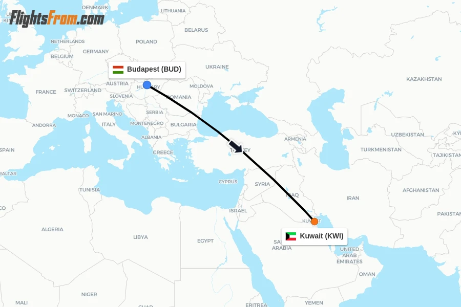 Flights from Budapest to Kuwait route map