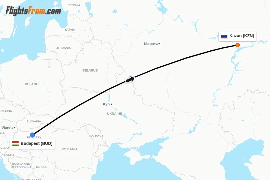Flights from Budapest to Kazan route map