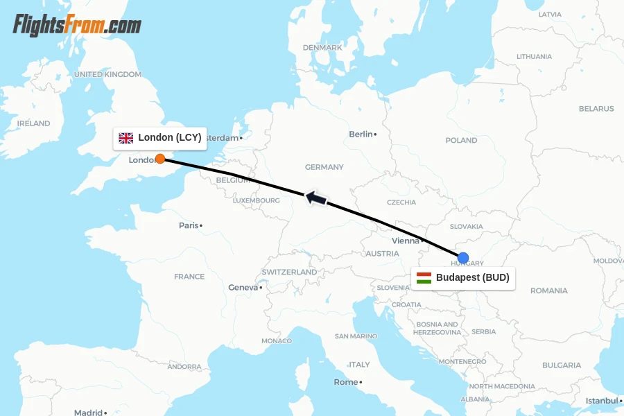 Flights from Budapest to London route map