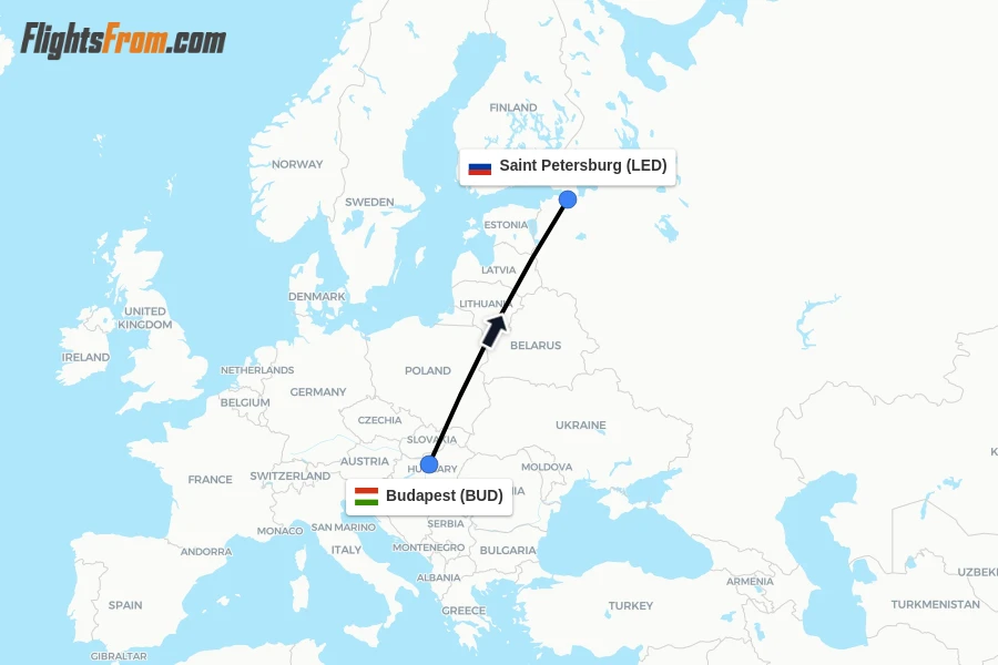 Flights from Budapest to Saint Petersburg route map