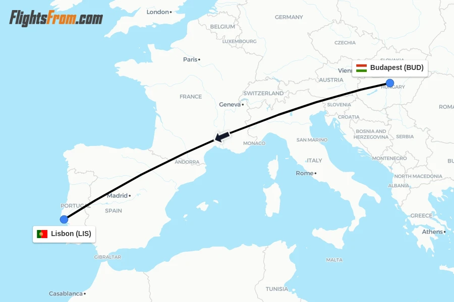 Flights from Budapest to Lisbon route map
