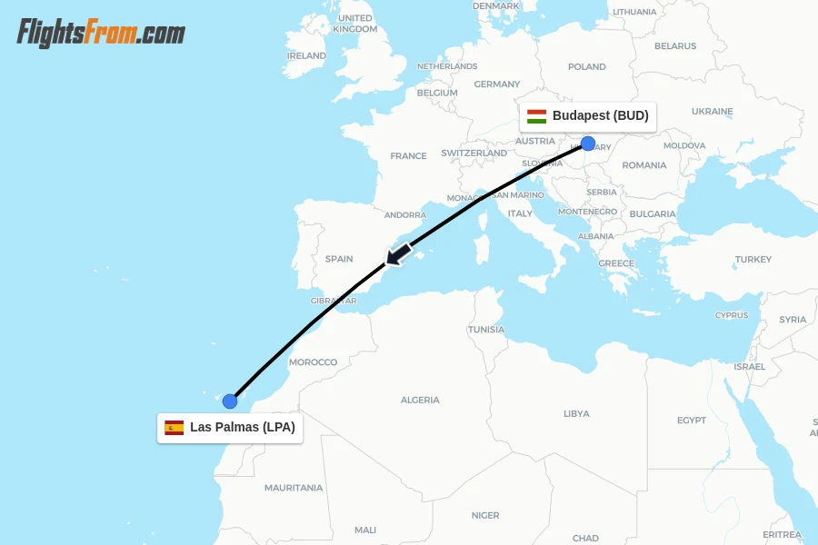 Flights from Budapest to Las Palmas route map
