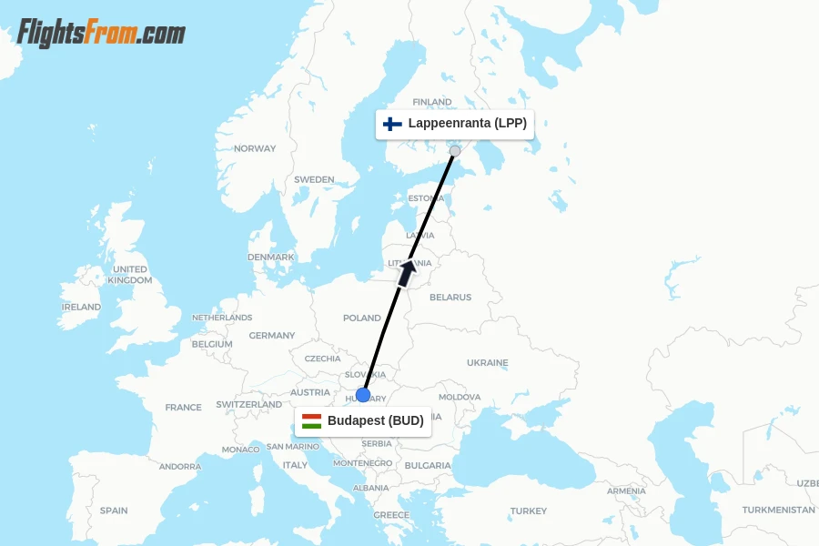 Flights from Budapest to Lappeenranta route map