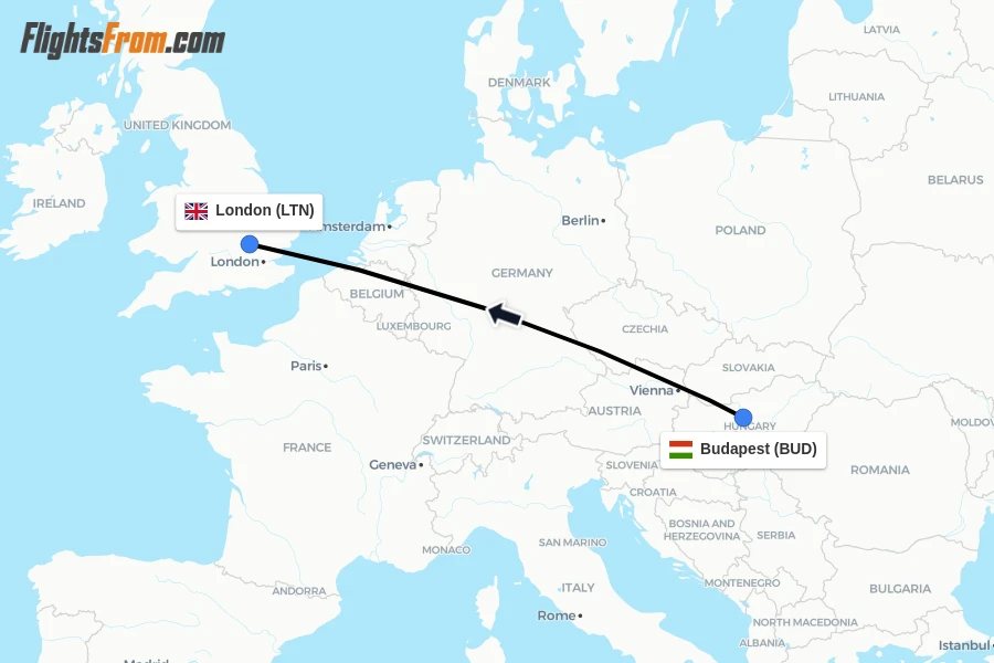 Flights from Budapest to London route map