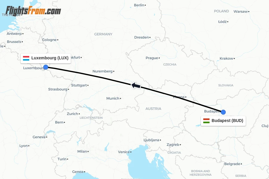 Flights from Budapest to Luxembourg route map