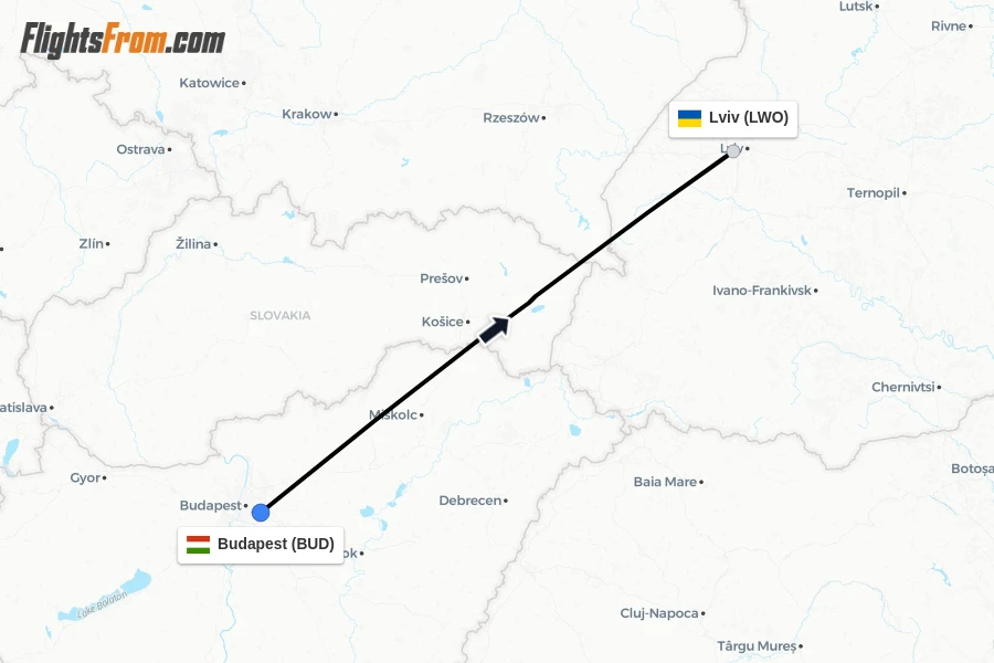Flights from Budapest to Lviv route map