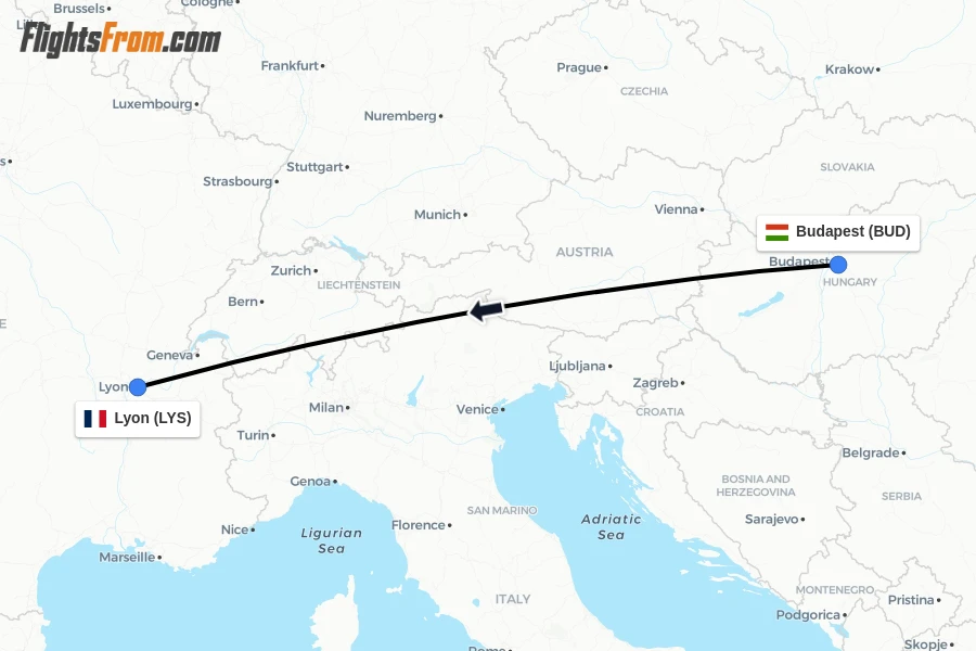 Flights from Budapest to Lyon route map