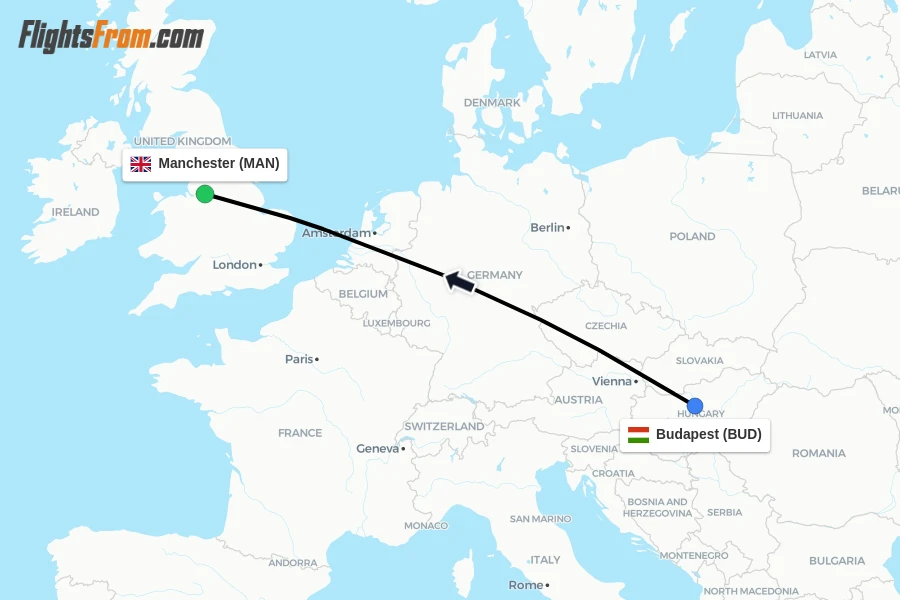 Flights from Budapest to Manchester route map