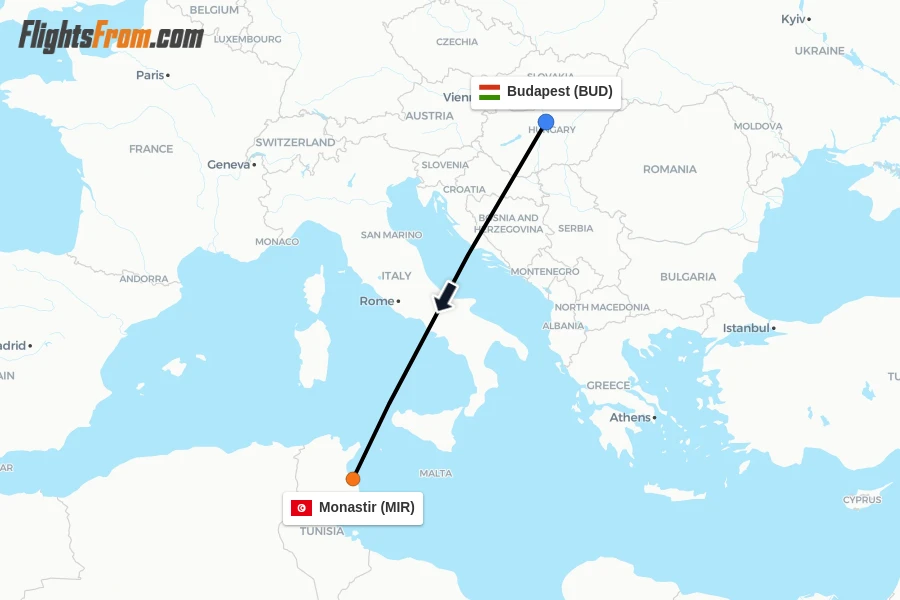 Flights from Budapest to Monastir route map