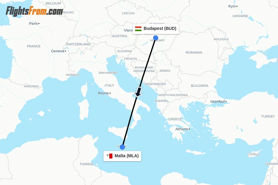 Flights from Budapest to Malta route map