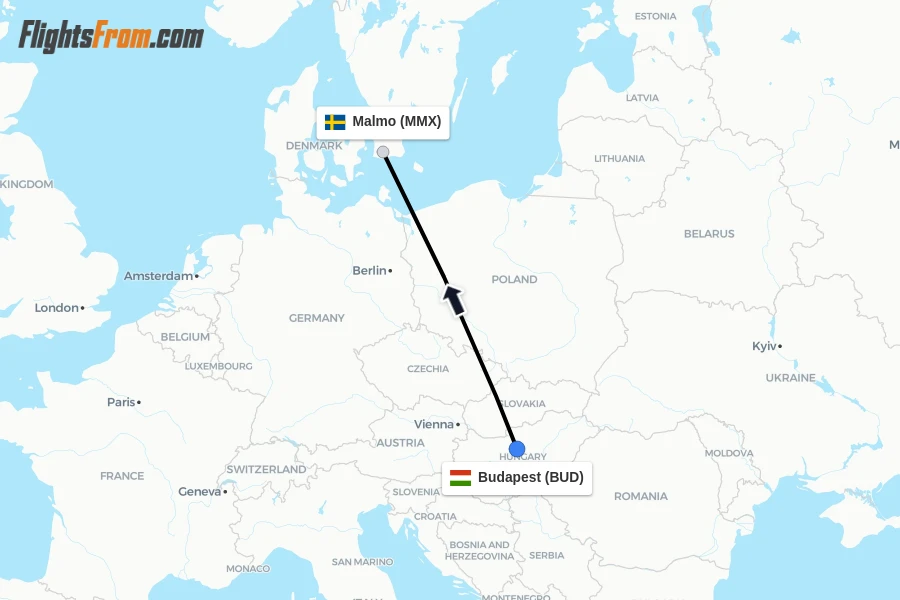 Flights from Budapest to Malmo route map