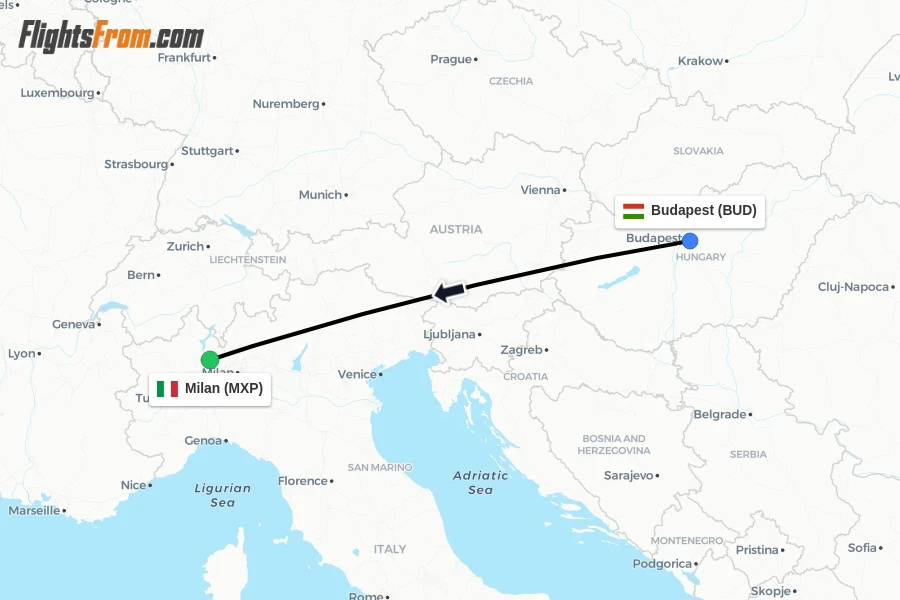 Flights from Budapest to Milan route map