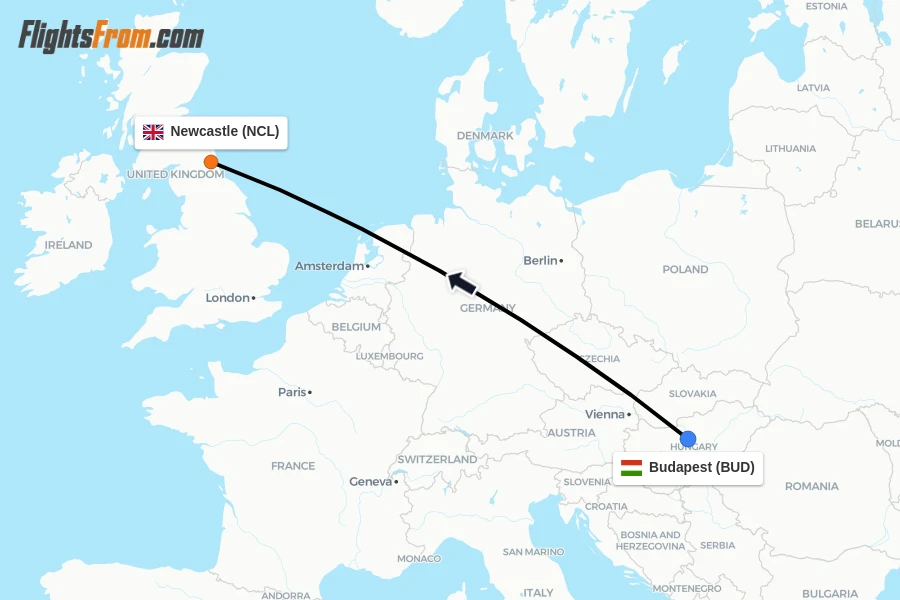 Flights from Budapest to Newcastle route map