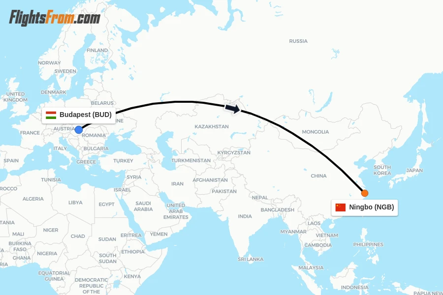 Flights from Budapest to Ningbo route map