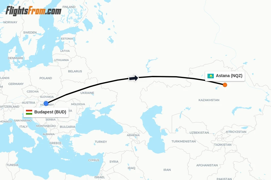 Flights from Budapest to Astana route map