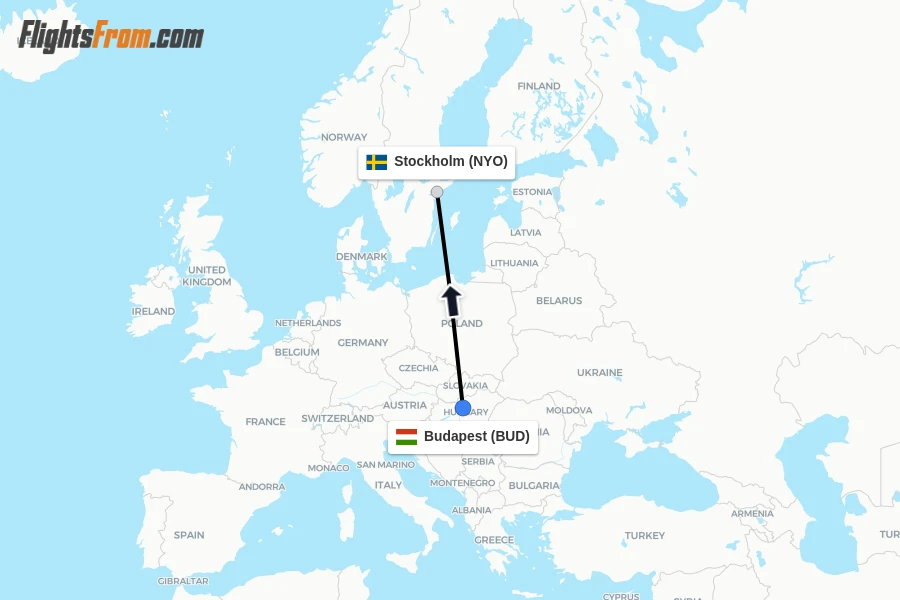 Flights from Budapest to Stockholm route map