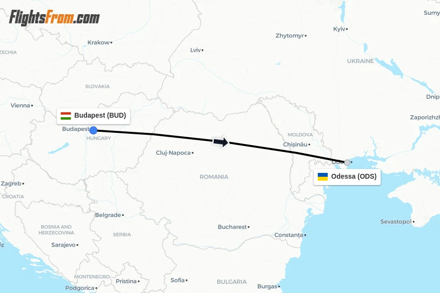Flights from Budapest to Odessa route map