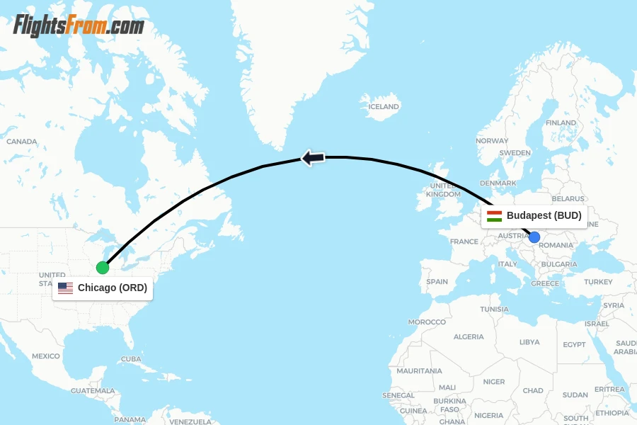 Flights from Budapest to Chicago route map