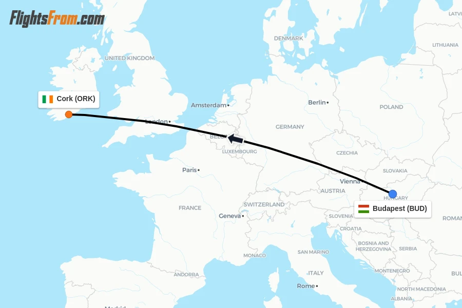 Flights from Budapest to Cork route map