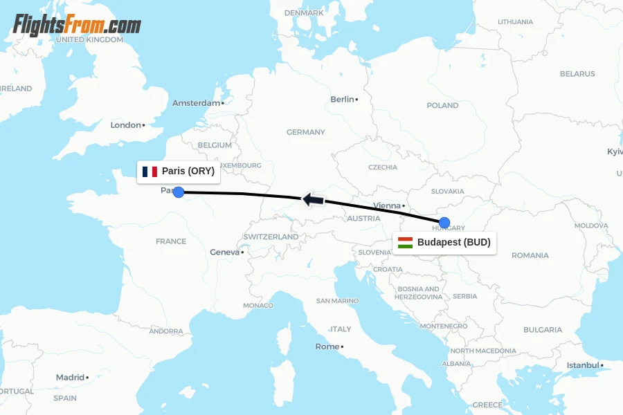Flights from Budapest to Paris route map