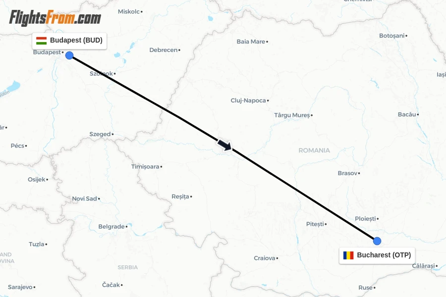 Flights from Budapest to Bucharest route map