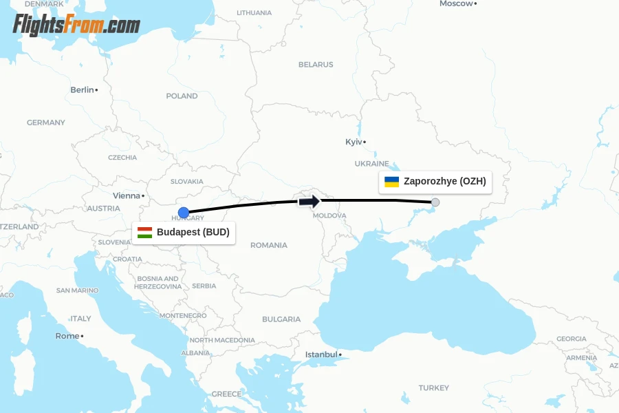 Flights from Budapest to Zaporozhye route map