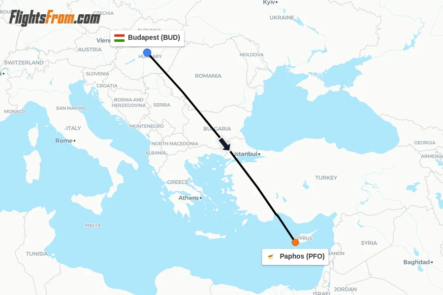 Flights from Budapest to Paphos route map