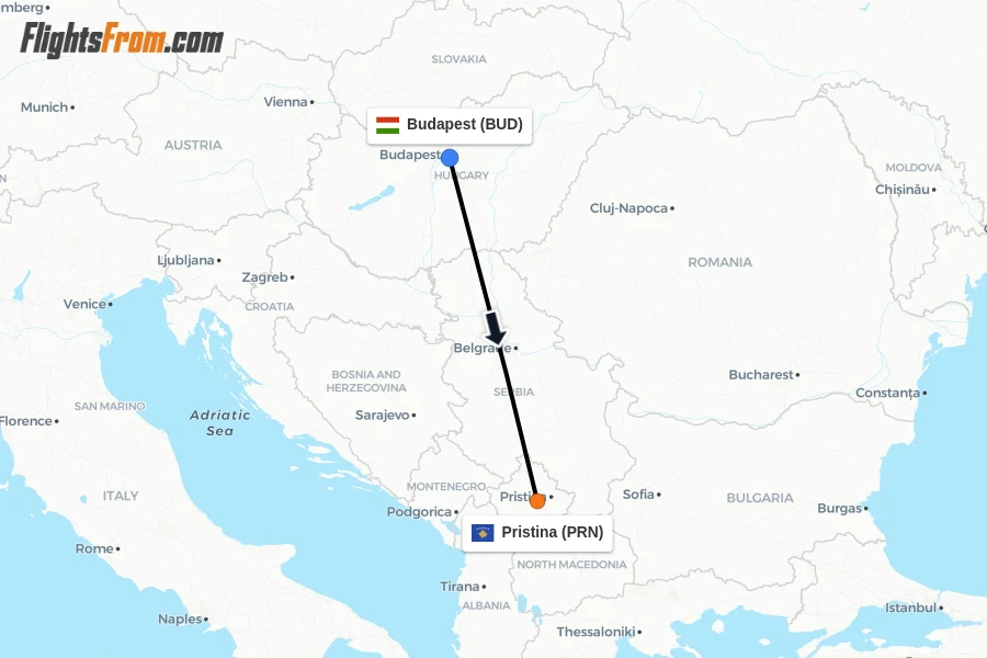 Flights from Budapest to Pristina route map