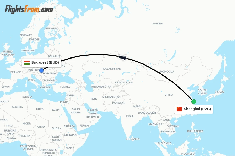 Flights from Budapest to Shanghai route map