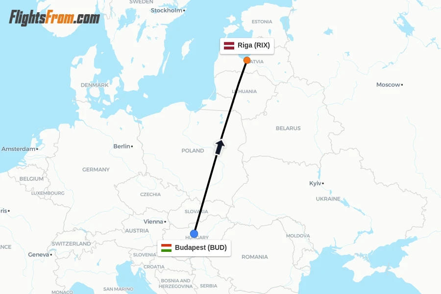 Flights from Budapest to Riga route map