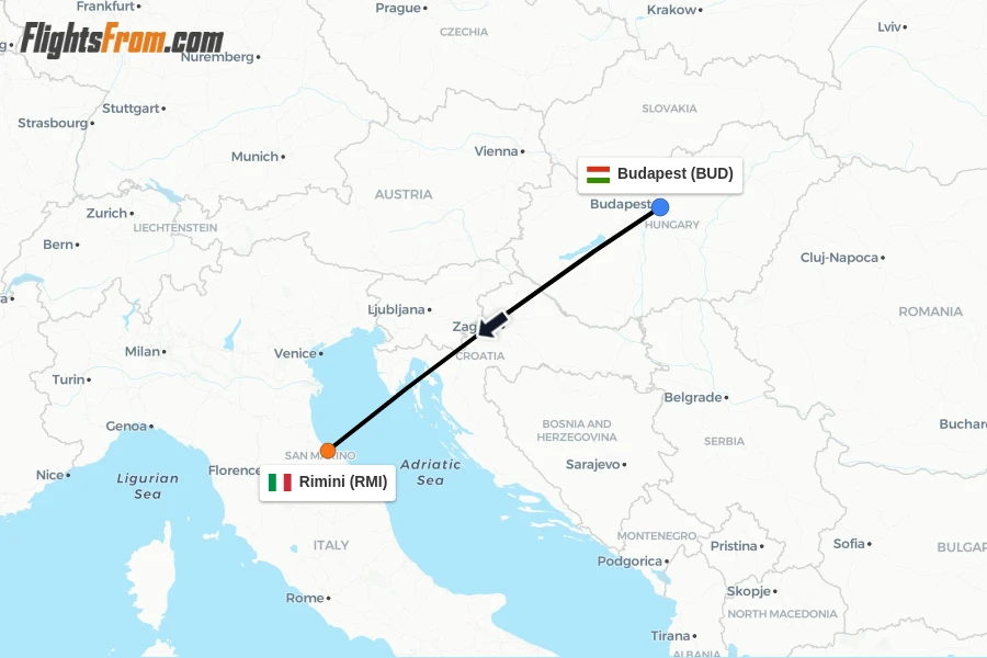Flights from Budapest to Rimini route map
