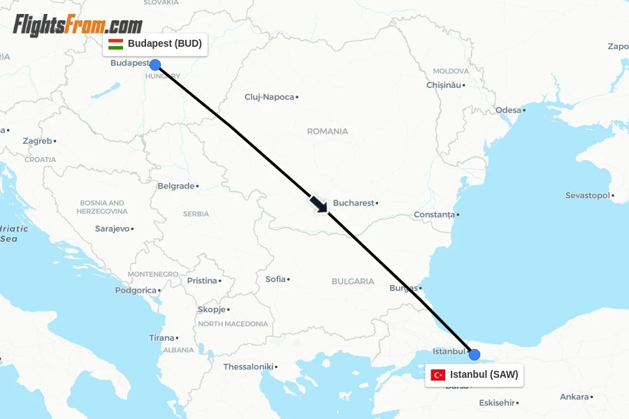 Flights from Budapest to Istanbul route map