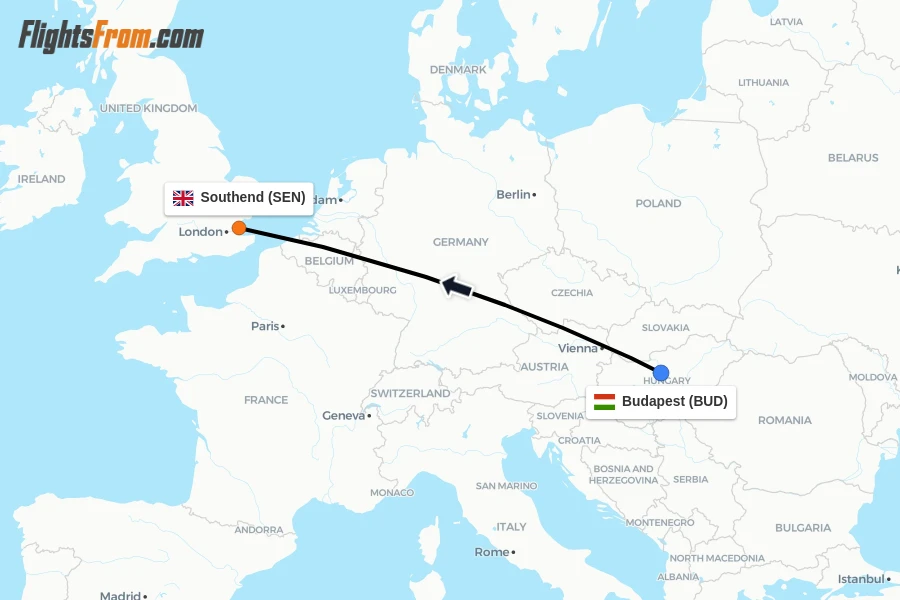Flights from Budapest to Southend route map
