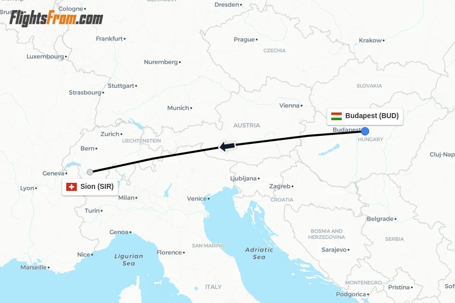 Flights from Budapest to Sion route map