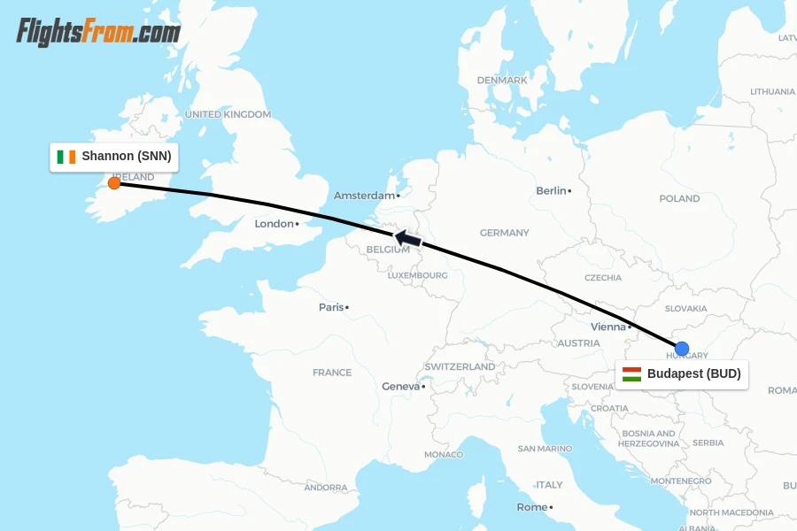 Flights from Budapest to Shannon route map